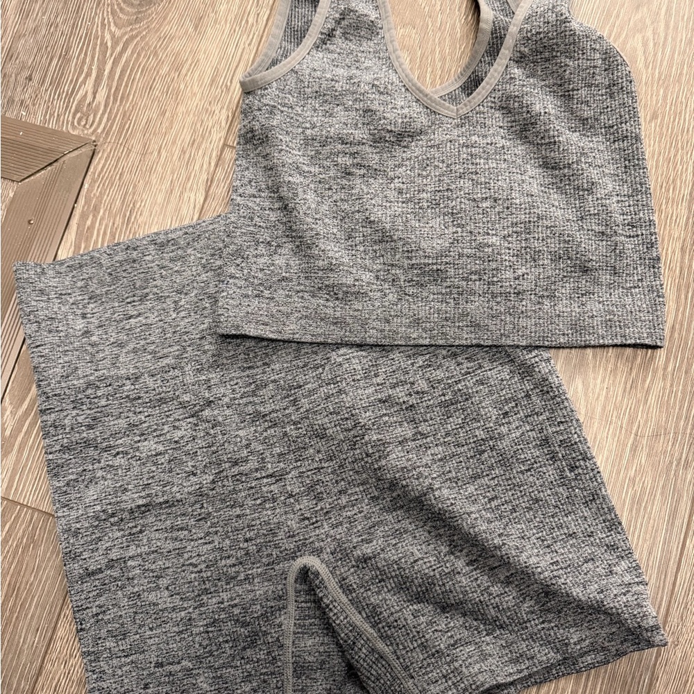 Seamless Gray Ribbed Lounge Crop Top & Shorts workout Set